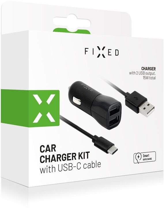 FIXED autonabíječka, 2xUSB, Smart Rapid Charge, 15W + kabel USB - USB-C, 1m, černá_1617994414