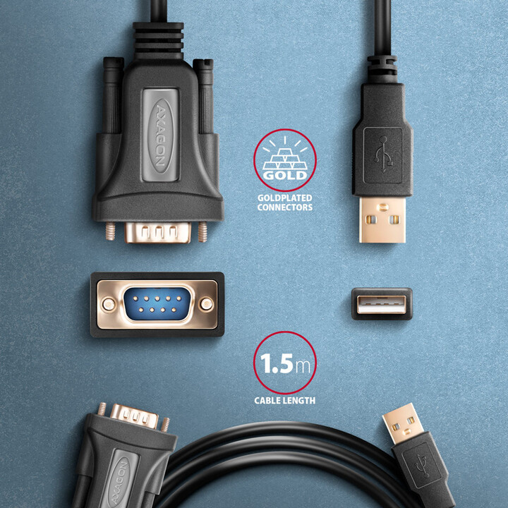 AXAGON ADS-1PQN, USB-A 2.0 - sériový RS-232 DB9-M FTDI adaptér / kabel 1.5m_314086719