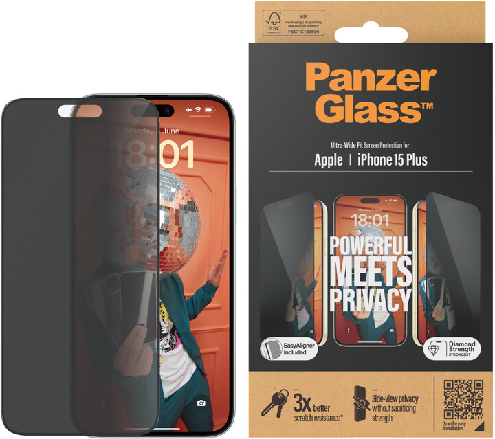 PanzerGlass ochranné sklo Privacy pro Apple iPhone 15 Plus s instalačním rámečkem_25755521