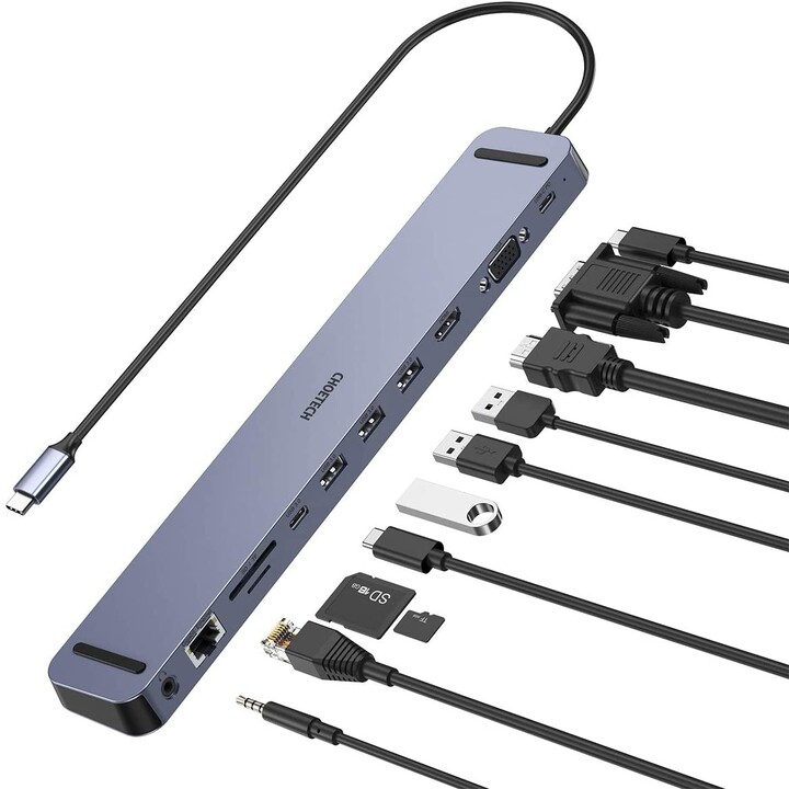 Choetech multifunkční HUB HUB-M20, USB-C, 3x USB-A 3.0, HDMI 4K, VGA, PD 100W, RJ45, jack,_1183155272