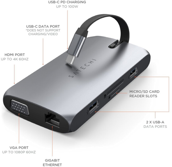 Satechi USB-C On the go Multiport adapter, USB-C PD, Ethernet, 4K HDMI, VGA, USB-A, USB-C, micro/SD,_228806001