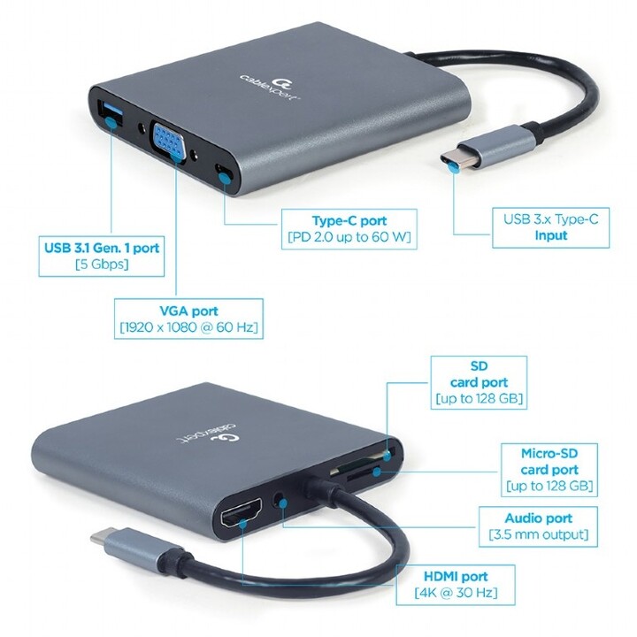 Gembird CABLEXPERT multiportový adaptér 6v1, USB 3.1 Gen1, HDMI 4K@30Hz, VGA, USB-C PD, jack, SD_845260862