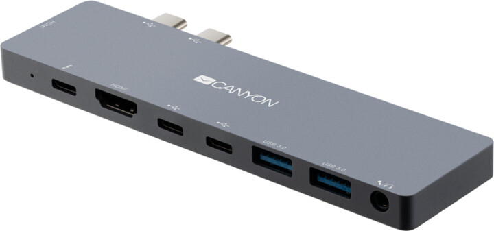 Canyon dokovací stanice, 2x USB-C, 2x USB 3.0, Power Delivery, 2x 4K HDMI, 3.5 mm jack, PD, šedá_1245160737