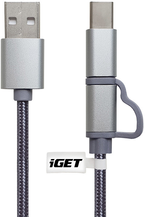 iGET G2V1 USB kabel 2v1, 1m, stříbrný, microUSB i USB-C, prodloužené koncovky_1336255032