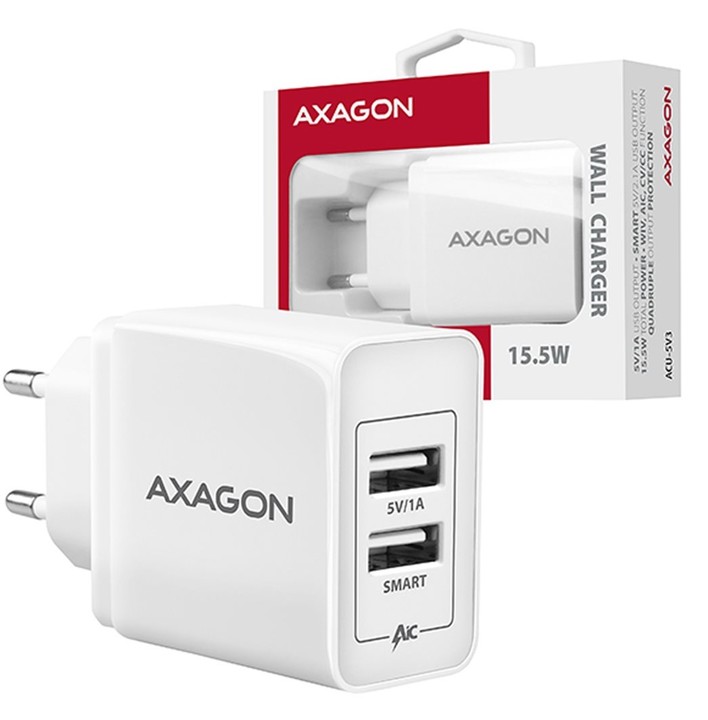 AXAGON ACU-5V3, SMART nabíječka do sítě, 2x port 5V-2.1A + 1A, 15.5W_446261746