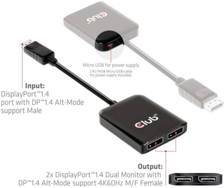 Club3D adaptér USB-C 3.2 - 2xDisplayPort, M/F, 4K@60Hz, MST, 20cm, černá_1371176120