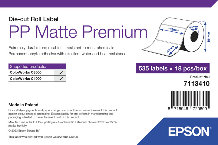 Epson ColorWorks štítky pro tiskárny, PP Matte Label Premium, 102x51mm, 531ks_381354060