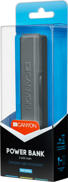 Canyon powerbanka 2600 mAh, kompaktní, tmavě šedá_1699062035