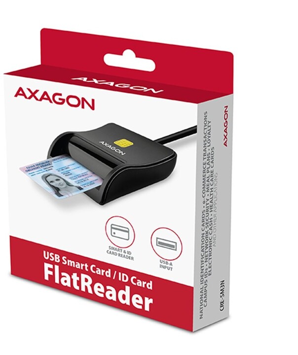 AXAGON CRE-SM3N, USB-A FlatReader čtečka kontaktních karet Smart card (eObčanka), kabel 1.3m_909097231