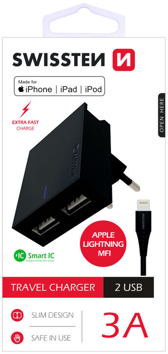 SWISSTEN síťový adaptér SMART IC, CE 2x USB 3 A Power + datový kabel USB/Lightning MFI 1,2m, černá_824972089