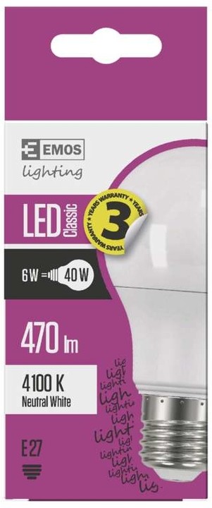 Emos LED žárovka Classic A60 6W E27, neutrální bílá_943299394