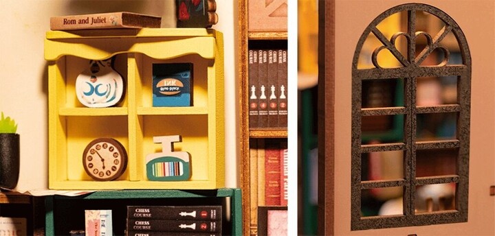 Stavebnice RoboTime miniatura domečku Knihkupectví, zarážka na knihy, dřevěná, LED_1566872893