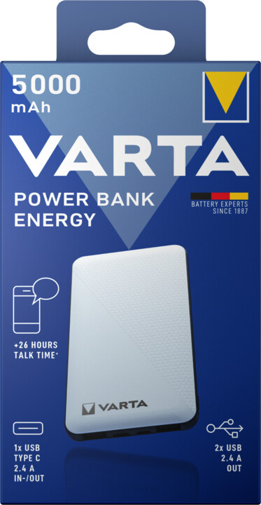 VARTA powerbanka Energy, 5000mAh, USB-C, 2xUSB, černá/bílá_1758304116