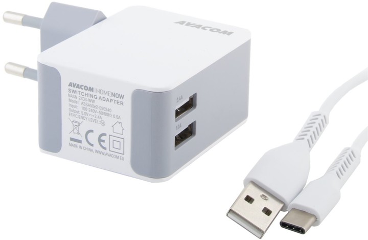 Avacom HomeNOW síťová nabíječka 3,4A se dvěma výstupy (USB-C kabel), bílá