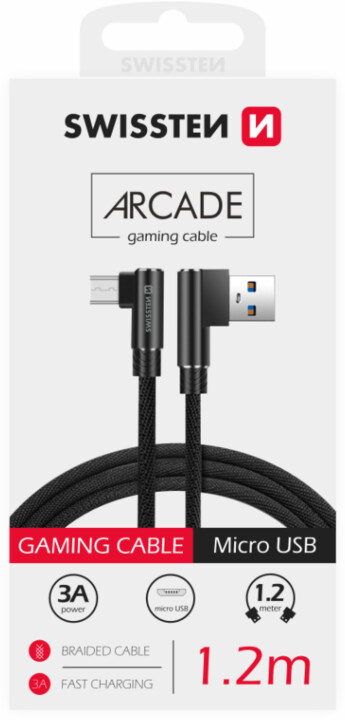 SWISSTEN datový kabel Arcade USB-A - microUSB, M/M, 3A, zahnutý konektor 90°, opletený, 1.2m, černá_250634071