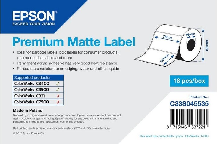 Epson ColorWorks role pro pokladní tiskárny, Premium Matte Label, 76x127mm, 265ks_887730357