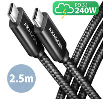 AXAGON kabel USB-C - USB-C, 240W 5A, ALU, opletený, 2,5m, černá BUCM2-CM25AB