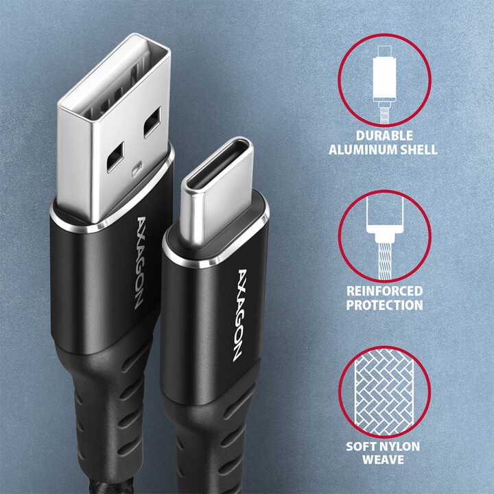 AXAGON kabel USB-C - USB-A, USB 2.0, 3A, ALU, opletený, 2m, černá_845921966