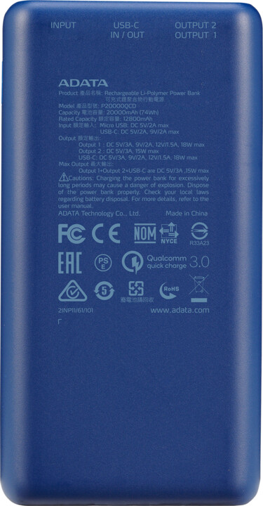 ADATA powerbanka P20000QCD, 20000mAh, modrá_1195409387