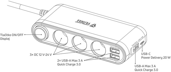 YENKEE nabíjecí adaptér do auta YAC 470, 3x USB-A, USB-C, 3x 12V, černá_1016690453