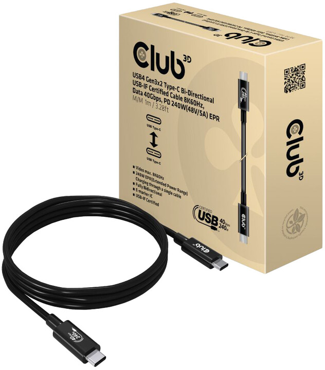 Club3D kabel USB-C, Data 40Gbps, PD 240W(48V/5A) EPR, M/M, 1m_746926632
