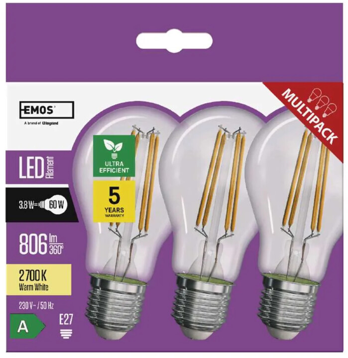 Emos LED žárovka Filament 3,8W (60W), 806lm, E27, teplá bílá, 3ks_1593554992