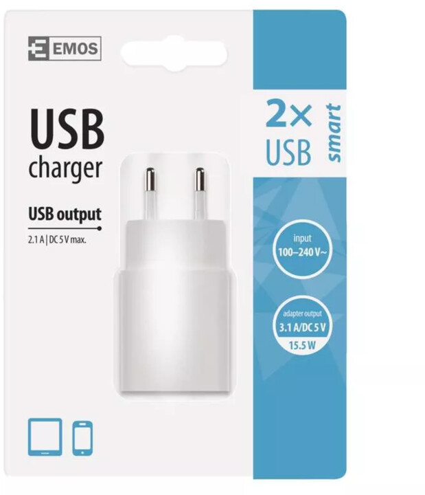 EMOS Univerzální USB adaptér SMART do sítě, 3,1A (15W), bílá_1190463112