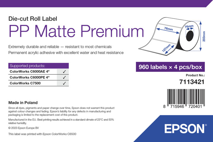 Epson ColorWorks štítky pro tiskárny, PP Matte Label Premium, 76x127mm, 960ks_339840219