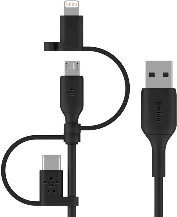 Belkin univerzální kabel 3v1 USB-A - microUSB + Lightning + USB-C, 1m, černá_1396298726