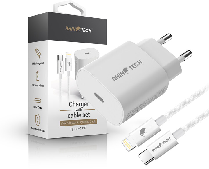 RhinoTech síťová nabíječka USB-C, 25W, bílá + USB-C - Lightning kabel, 27W, 1m, bílá_1096918254