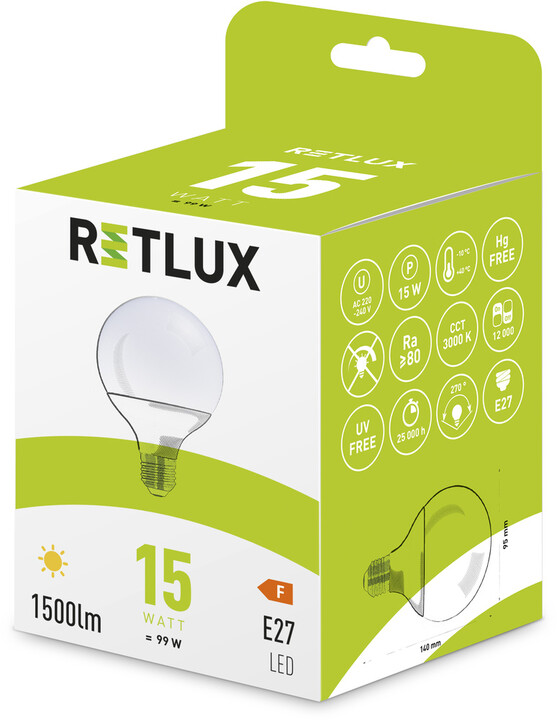 Retlux žárovka RLL 444, LED G95, E27, 15W, teplá bílá_1273513738
