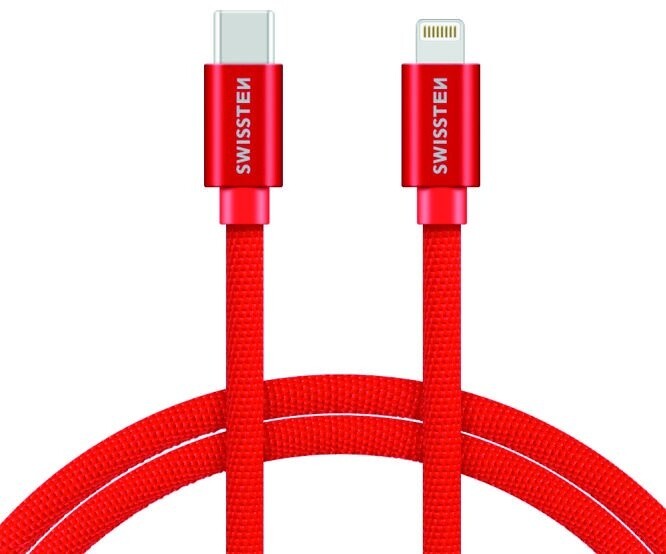 SWISSTEN textilní datový kabel USB-C - Lightning, 1,2m červený