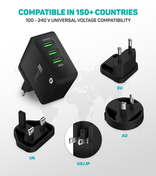 CONNECT IT nabíjecí adaptér Nomad2 WorldTravel, cestovní, 3xUSB, 24W, černá_1365299536