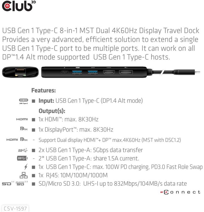Club3D dokovací stanice USB-C, 8-in-1 MST Dual 4K60Hz, Display Travel Dock_1963014696