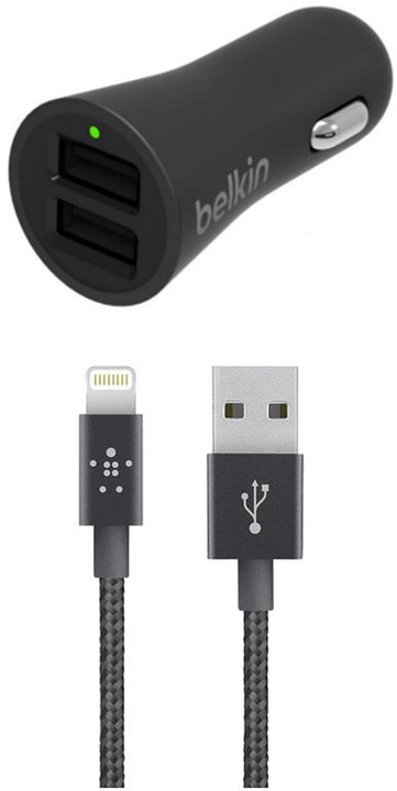 Belkin USB nabíječka do auta 2,4A/5V, 2-portová + Lightning kabel 1,2m - černá_1212757906
