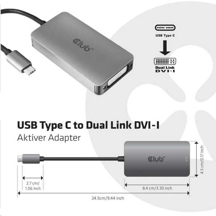 Club3D adaptér USB-C 3.2 Gen1 - DVI-D (Dual Link), M/F, aktivní, HDCP ON, 24.5cm, stříbrná_2075409355