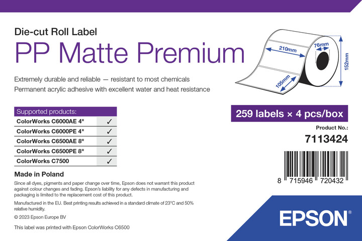 Epson ColorWorks štítky pro tiskárny, PP Matte Label Premium, 105x210mm, 259ks_3775004