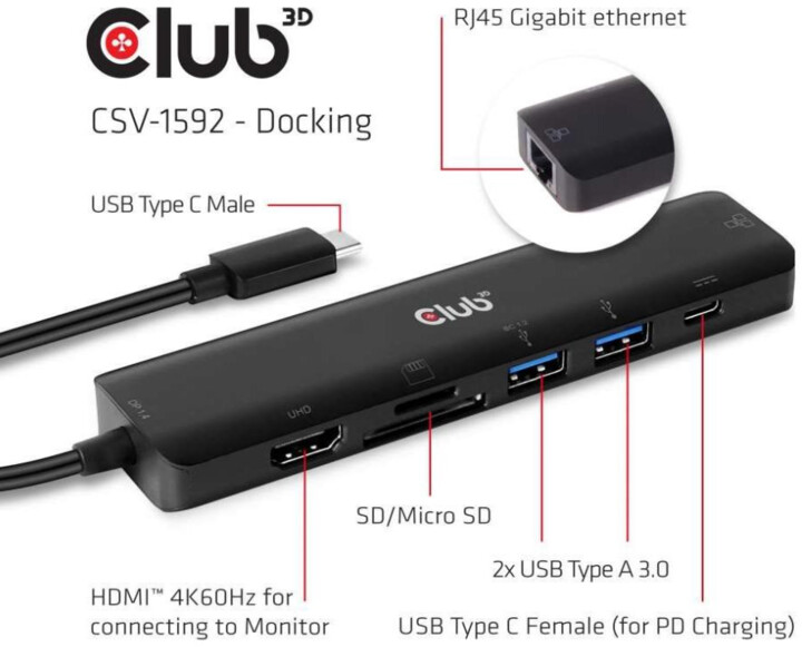Club3D hub USB-C 3.2 Gen1 7in1, HDMI, USB-C PD, 2xUSB-A, SD, RJ45, 4K60Hz, 14cm, černá_1316977356