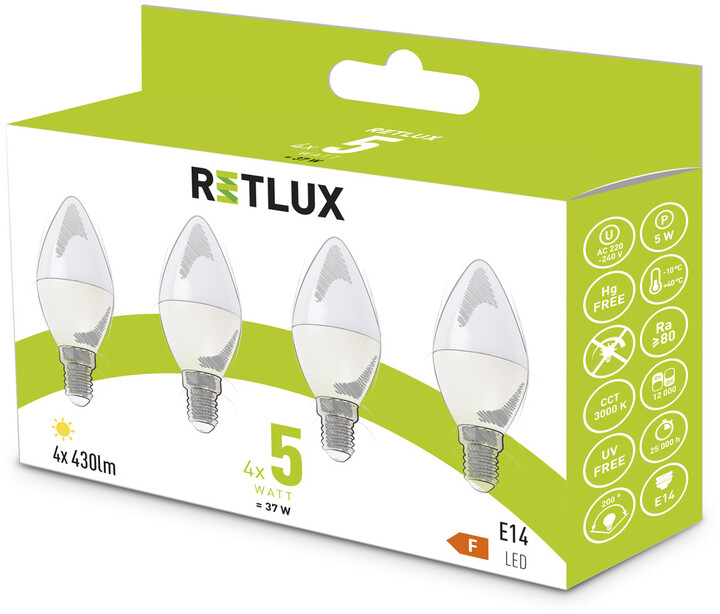 Retlux žárovka REL 35, LED C37, 4x5W, E14, teplá bílá, 4ks_906214809