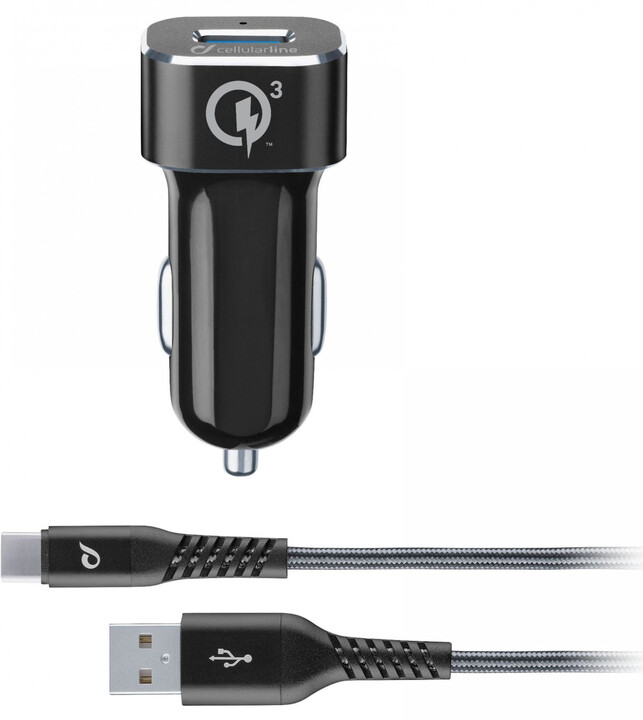 Cellularline Tetra Force Set USB autonabíječky a USB-C kabelu 18W, Qualcomm® Quick Charge 3.0, černá_1540272160
