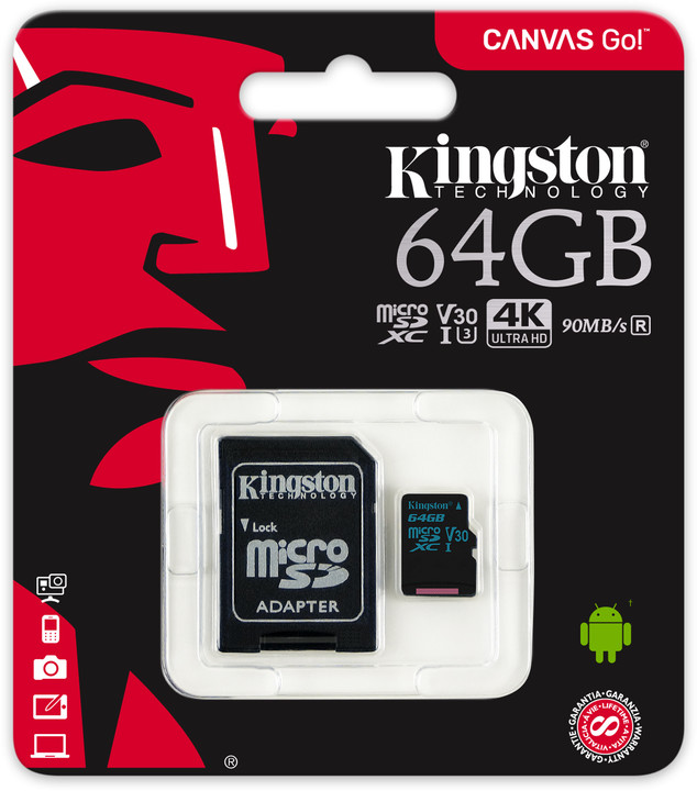 Kingston Micro SDXC Canvas Go! 64GB 90MB/s UHS-I U3 + SD adaptér_384777686