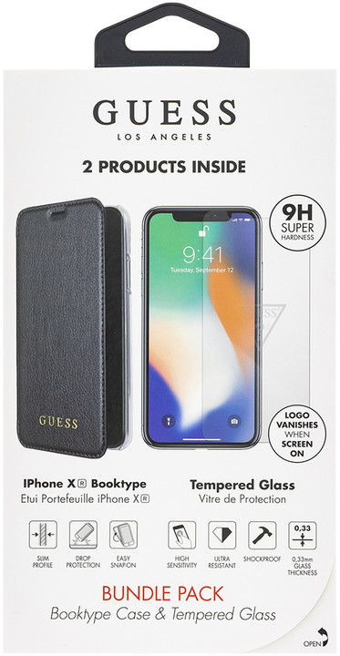 GUESS Bundle Leather Book Case Iridescent + Tempered Glass pro iPhone XR, černá_1264127062