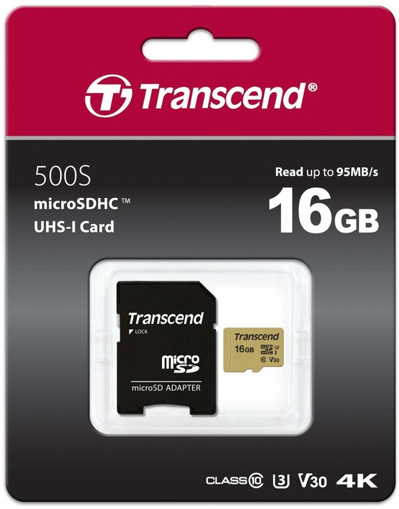 Transcend Micro SDHC 500S 16GB 95MB/s UHS-I U3 + SD adaptér_252406671