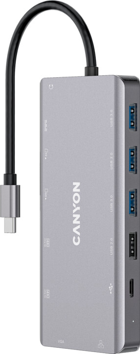 CANYON replikátor portů DS-12 13v1, 1xUSB-C PD 100W, 2xHDMI (4K), VGA, 4xUSB-A, RJ45 Gb, 3.5mm jack,_490128136