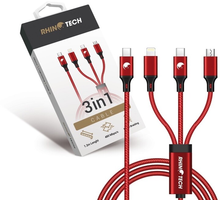 RhinoTech nabíjecí a datový kabel 3v1 USB-C - MicroUSB/Lightning/USB-C, 40W, 1.2m, červená_1687311277