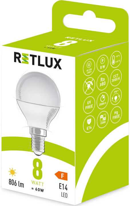 Retlux žárovka RLL 435, LED G45, E14, 8W, teplá bílá_2129637448