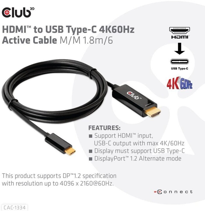 Club3D aktivní kabel HDMI na USB-C, 4K60Hz, 1.8m, M/M_1993527578
