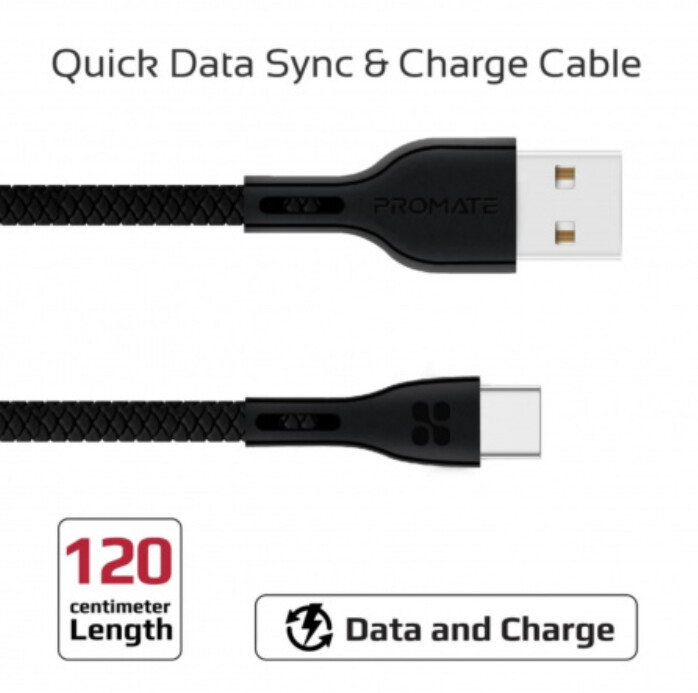 Promate kabel PowerBeam-C USB-C - USB-A, opletený, 1.2m, černá_1756605043