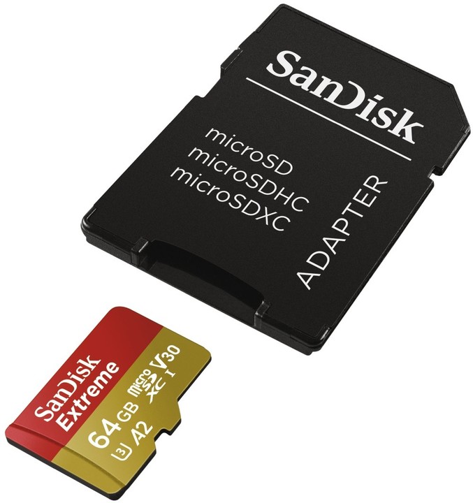 SanDisk Micro SDXC Extreme 64GB 160MB/s A2 UHS-I U3 V30 pro akční kamery + SD adaptér_378701254