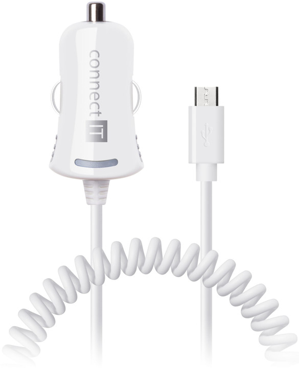 CONNECT IT InCarz nabíječka do auta Micro USB 2,1A, 1m spirálový flexibilní kabel, bílá_768751694